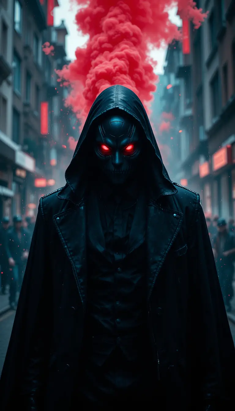 Sinistre méchant masqué aux yeux rouges lumineux dans une rue de la ville