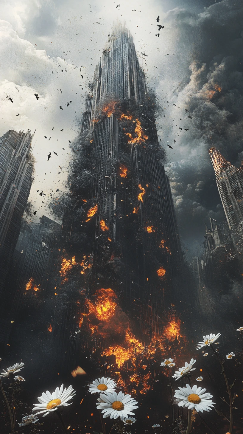 Surreal vision of a collapsing skyscraper in a trembling city