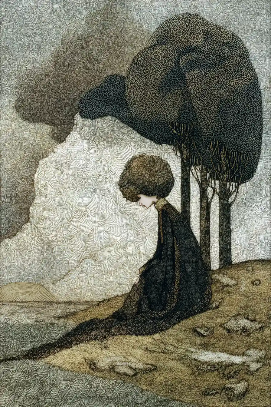 Melancholic figure in a surreal beautiful landscape
