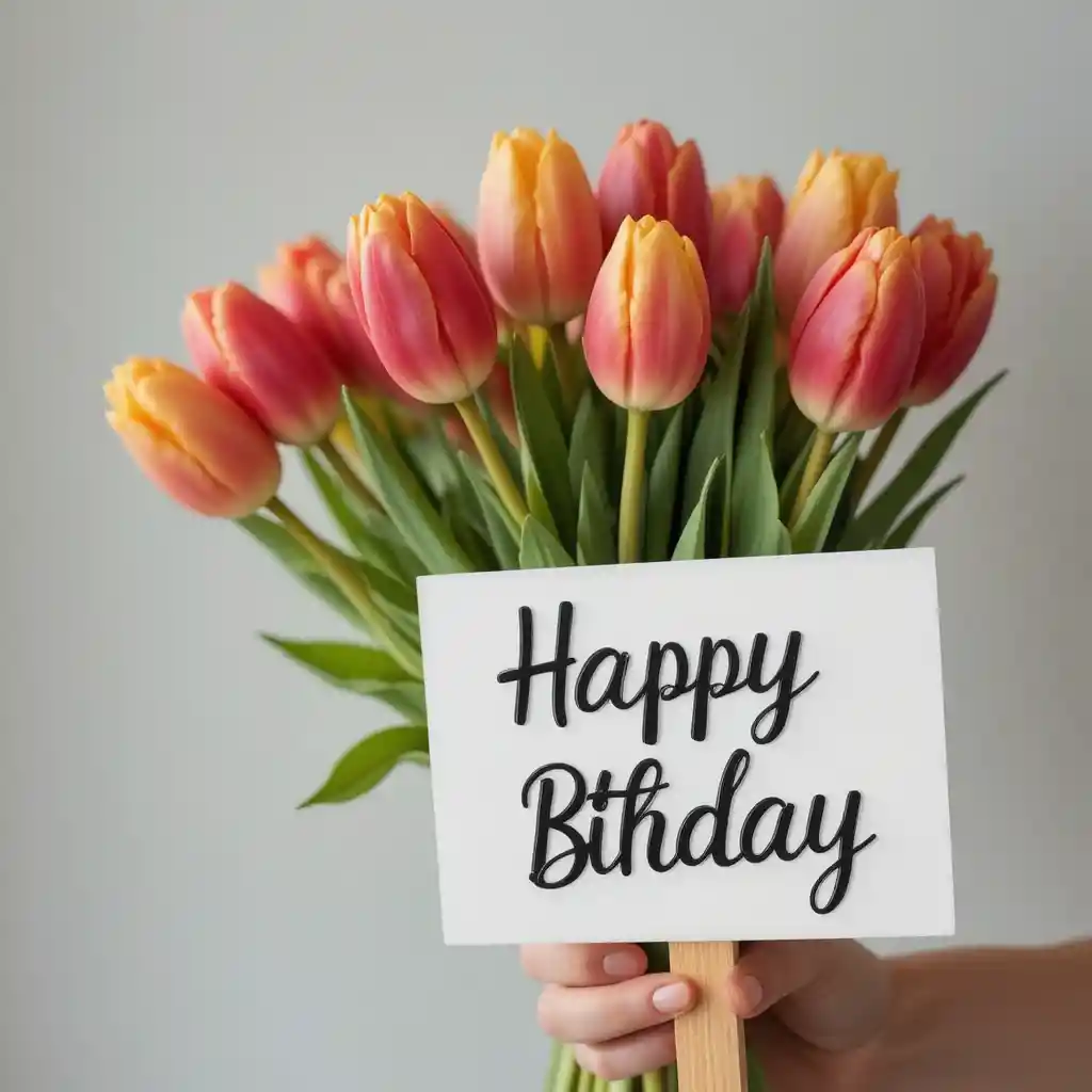 Hand presenting colorful tulip bouquet with happy birthday sign