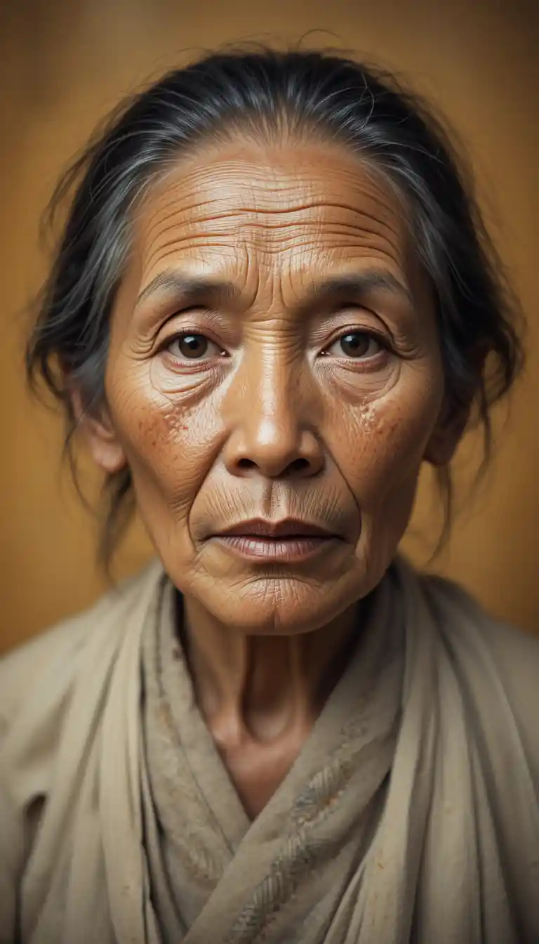 Portrait of an ancient asian woman with deeply lined face