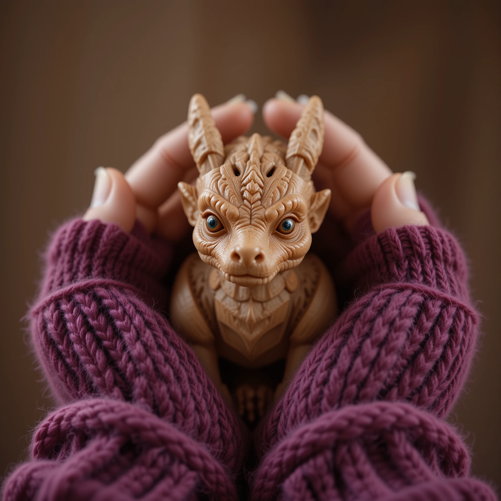 Figura de dragón de madera acunada en manos de punto magenta