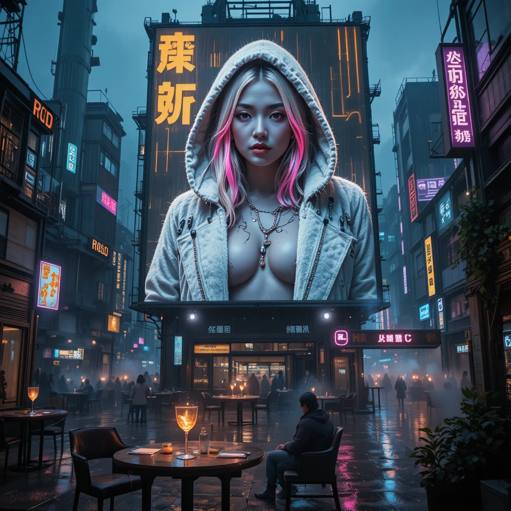 비 내리는 도시 위 네온 빌보드의 팜파탈 초상