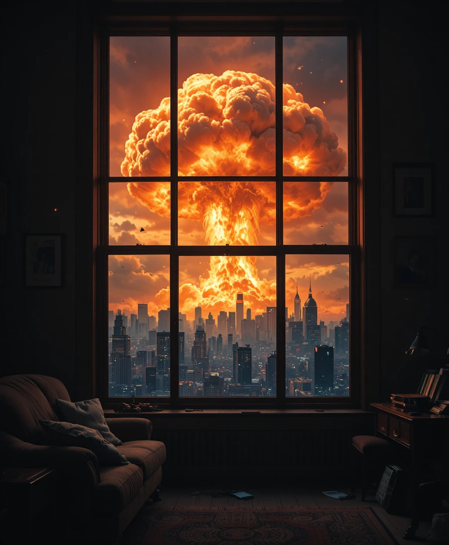 暗い窓越しに見える都市上空の黙示録的なキノコ雲