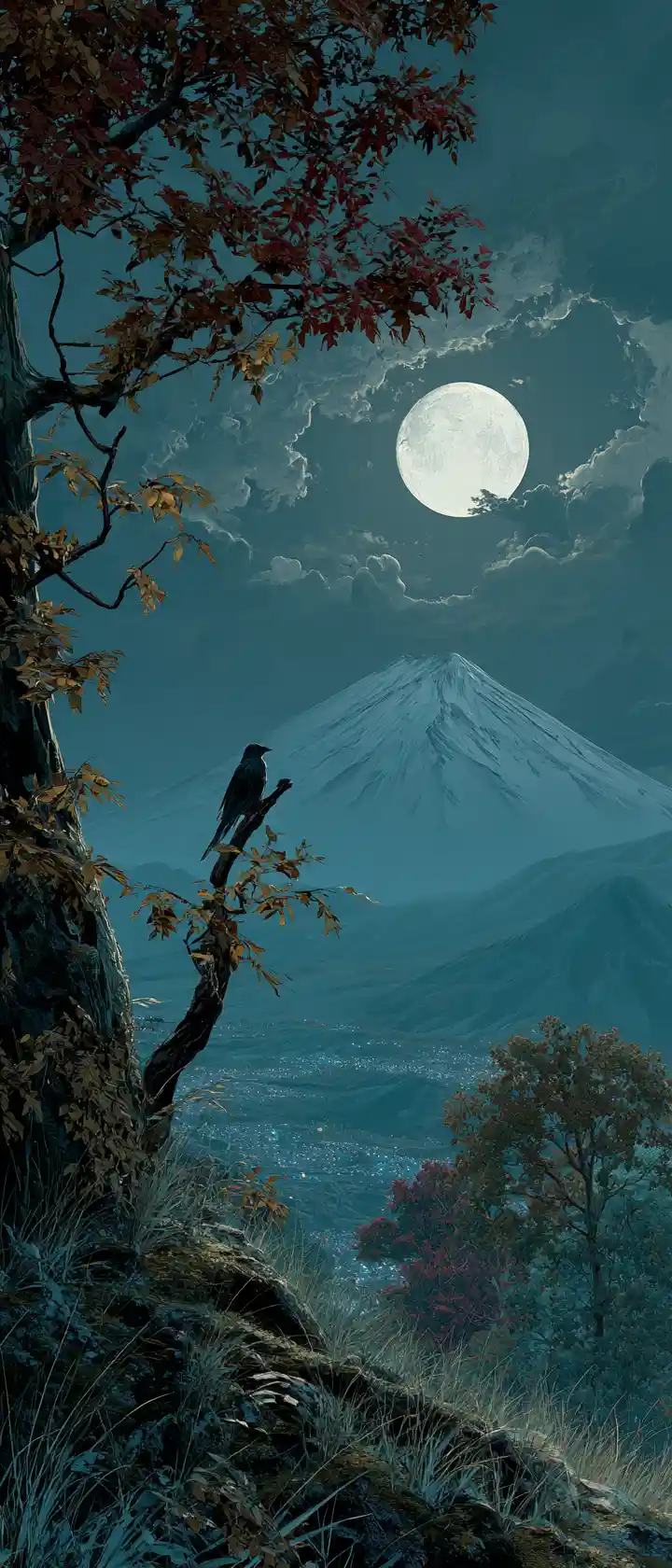 Sereno paisaje montañoso japonés bajo la luna llena de otoño