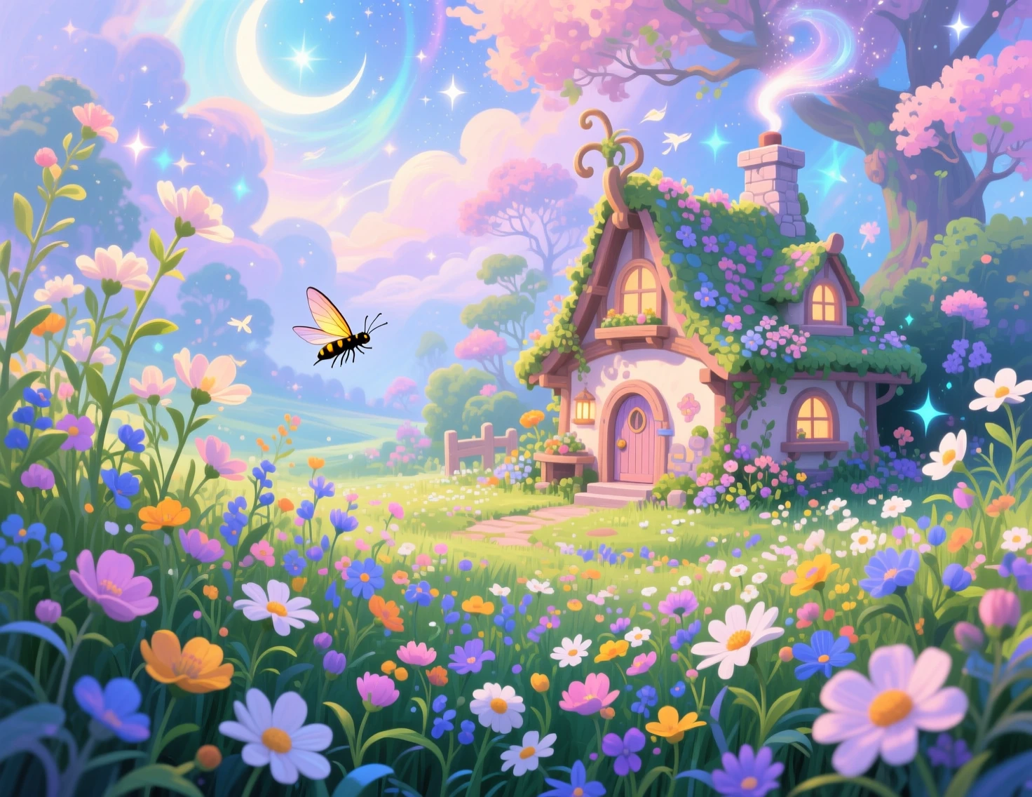 Flores silvestres acrílicas con casita diminuta en escena pastel de ensueño