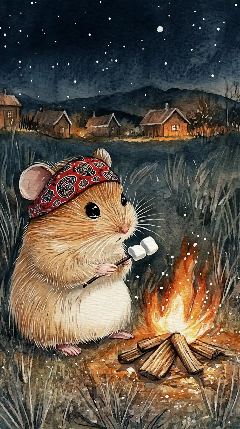Cute Hamster Roasting Marshmallows By A Cozy Campfire