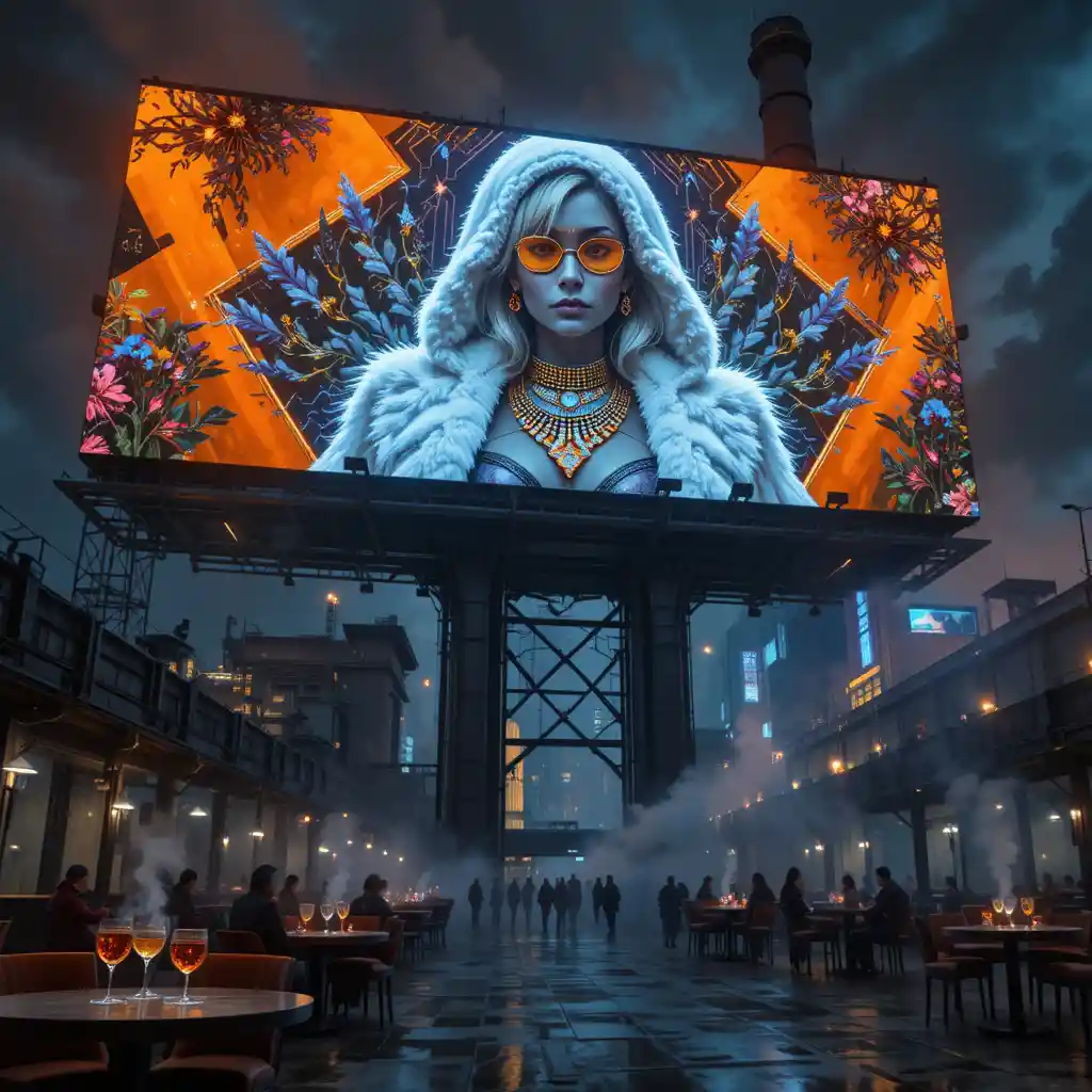 Mulher noir cyberpunk em outdoor futurista luminoso
