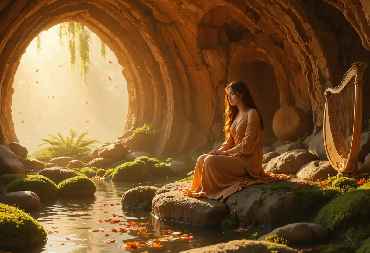 Woman with harp in a warm ochre stone sanctuary