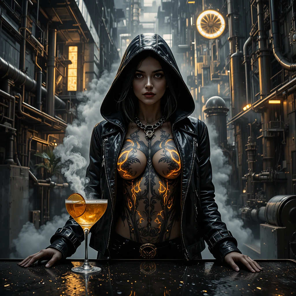 Noir close up of a hooded woman in industrial rain