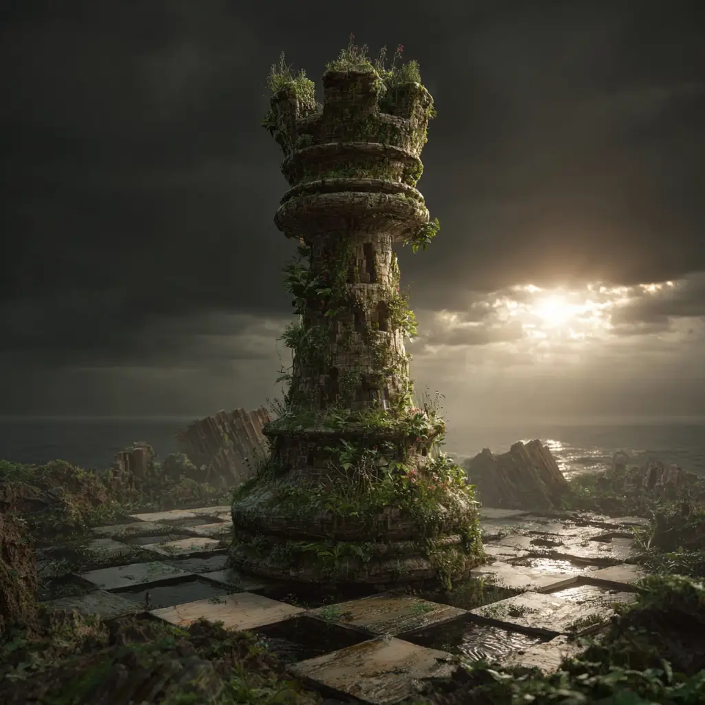 Enorme torre degli scacchi ricoperta di muschio in un paesaggio fantasy in rovina
