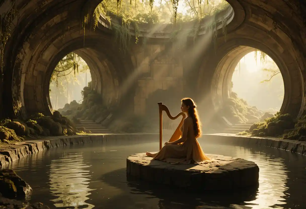 Seated woman with harp in warm golden temple interior