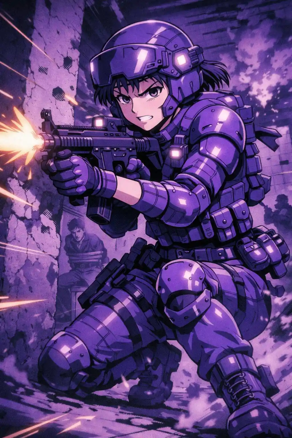 Femme commando anime violette tirant dans un combat urbain