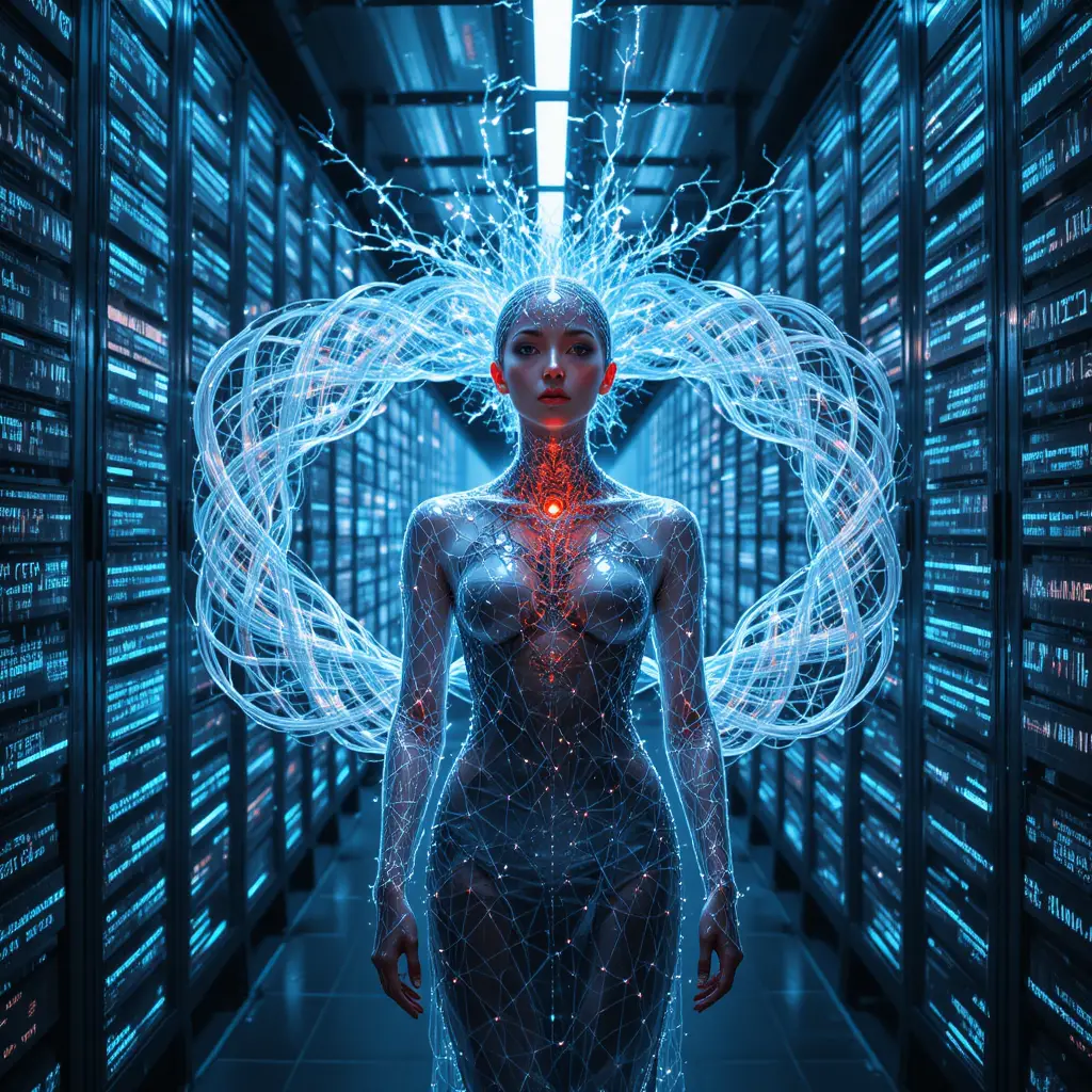Kristalliner Datenfokus, der in einem unendlichen digitalen Archiv leuchtet