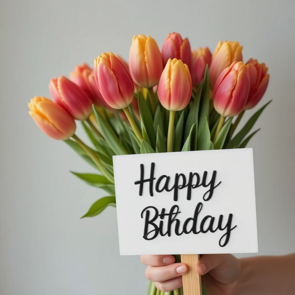 Hand presenting colorful tulip bouquet with happy birthday sign