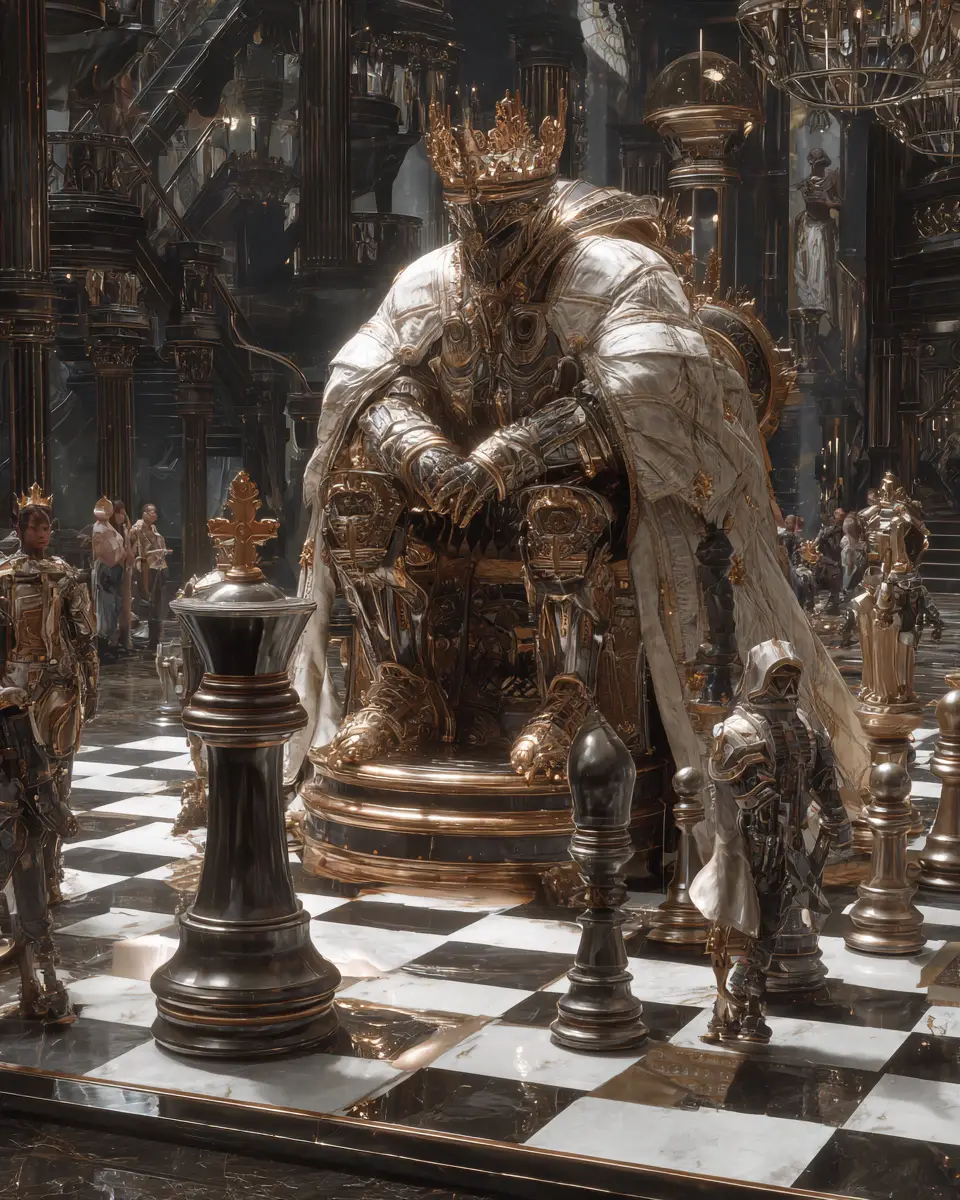 Anthropomorphic chess king on a living human chessboard