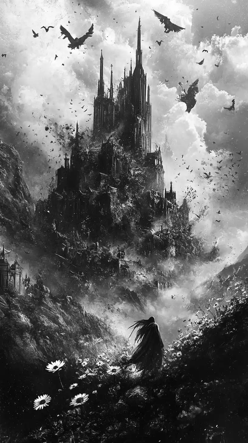 Collapsing skyscraper in a trembling apocalyptic cityscape