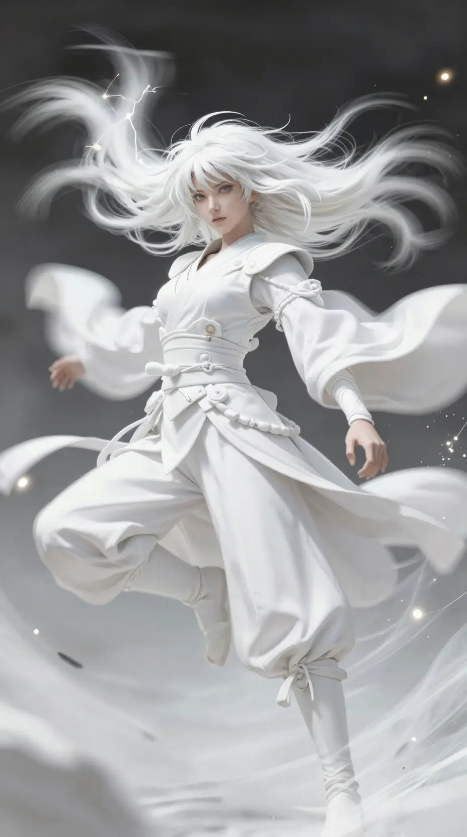 Guerrera de anime blanca en movimiento con energía eléctrica