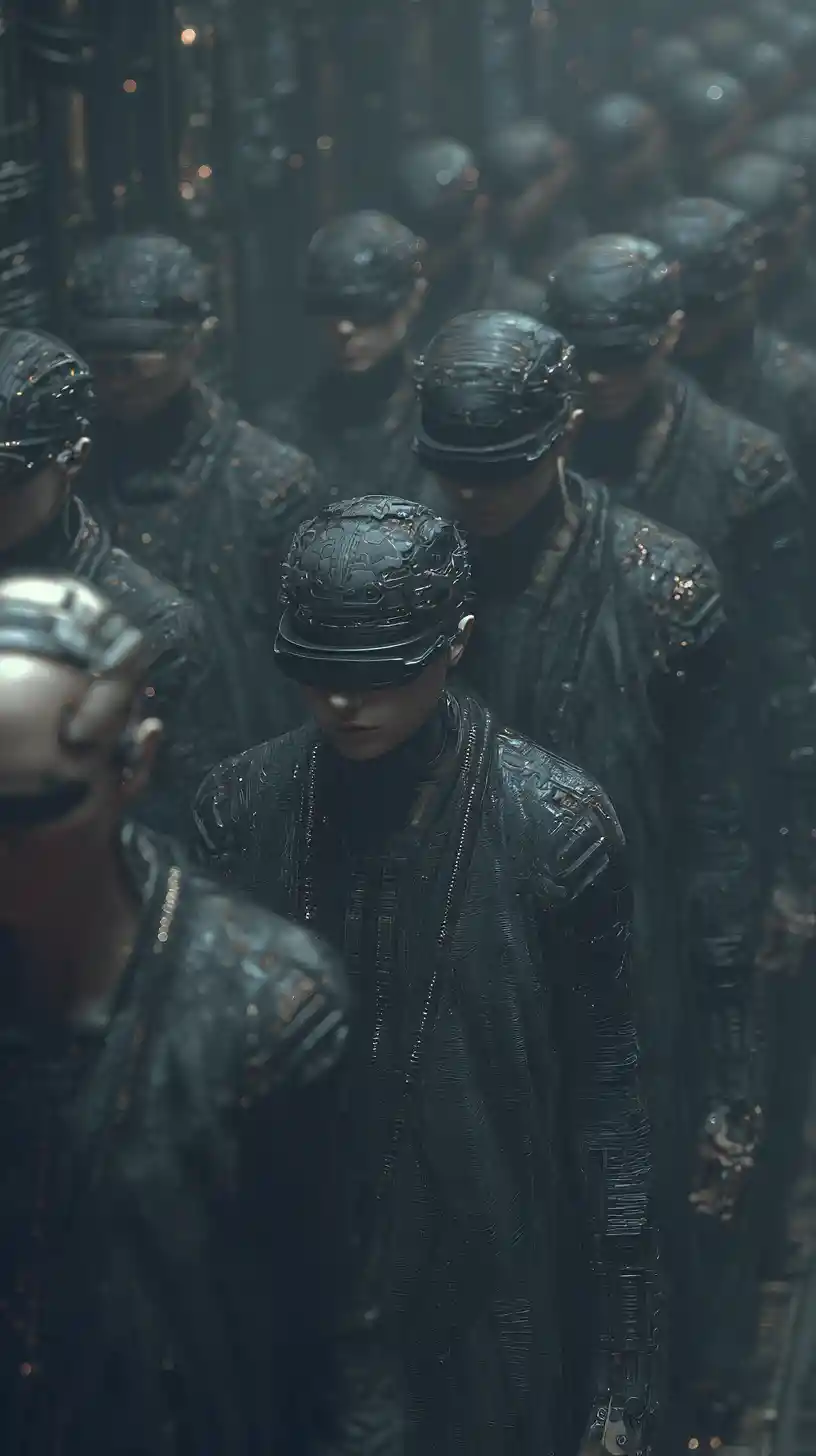 Group of slaves in a futuristic steel cyber industry