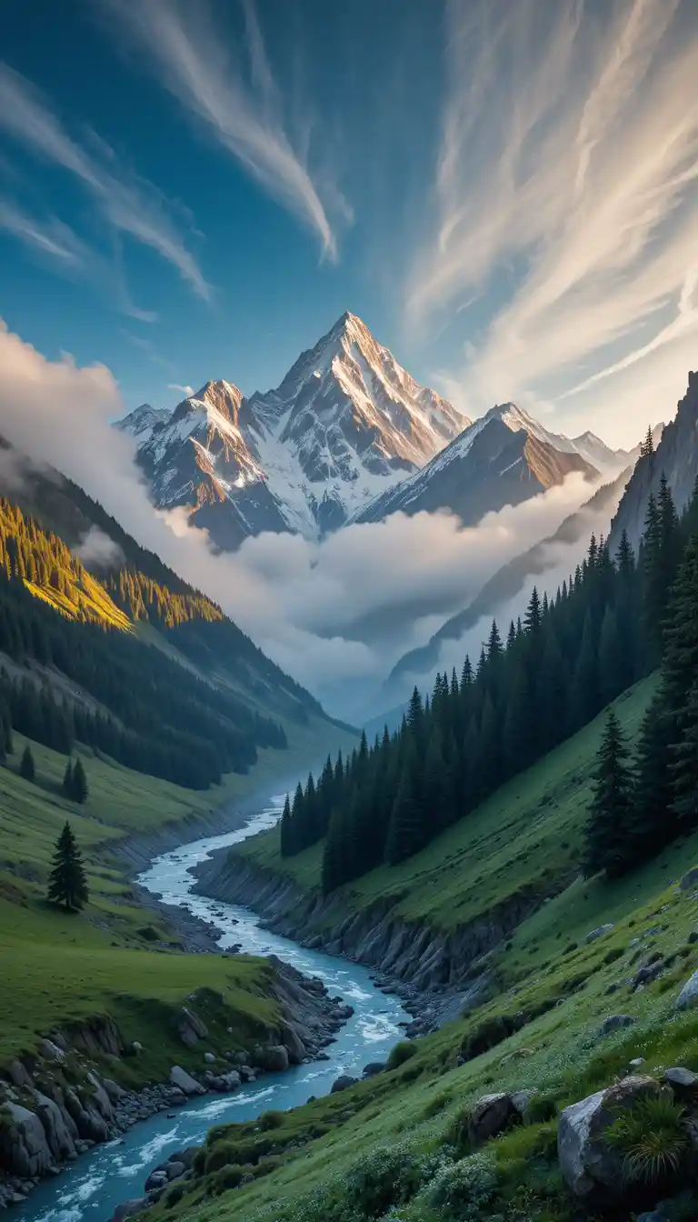 Sunlit Himalayan peaks rising above misty green valley