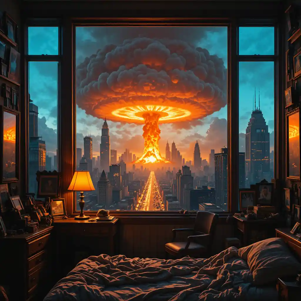 Finestra della camera da letto con vista su uno skyline cittadino in fiamme