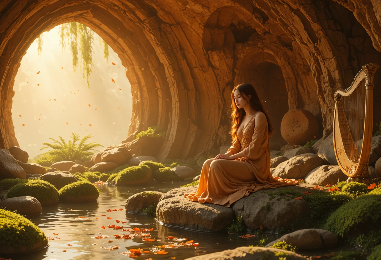 Femme avec harpe dans un sanctuaire de pierre ocre et chaleureux