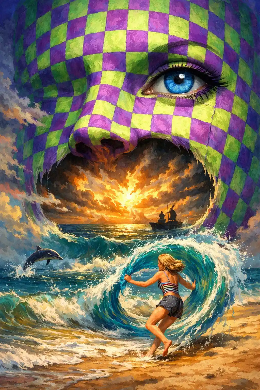 Mulher surreal na praia correndo com uma onda do mar em loop
