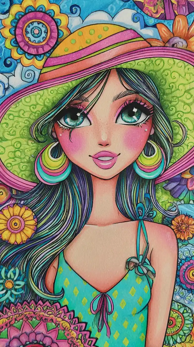 Portrait coloré au crayon d’une fille souriante avec chapeau de soleil