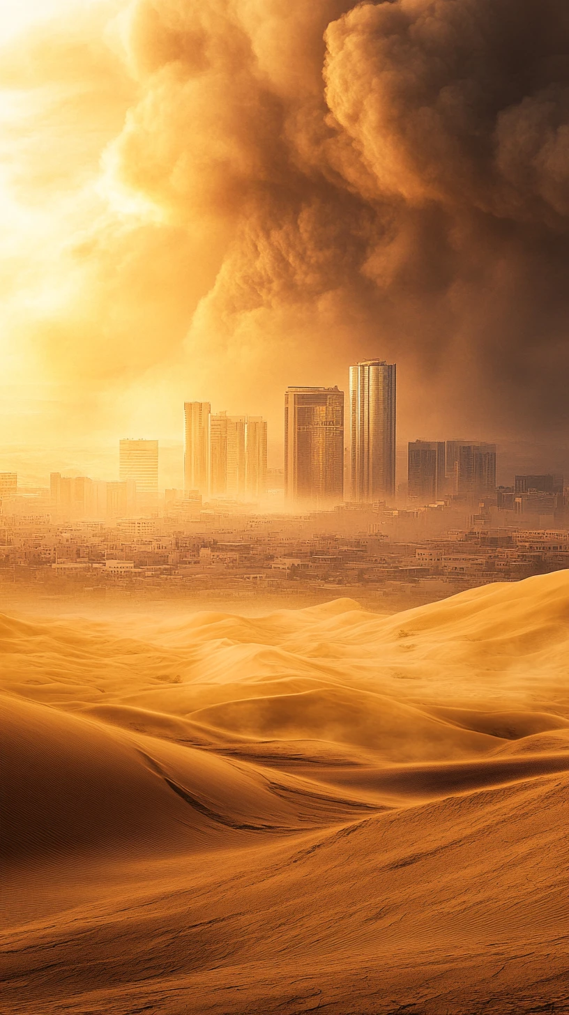 Dunes du désert menant à une ville moderne sous un immense nuage de poussière