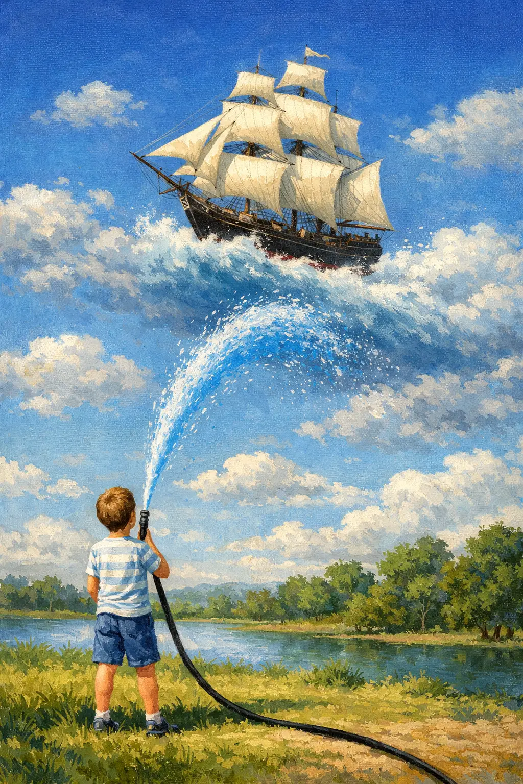 Boy Watering A Sailing Ship Floating In The Sky