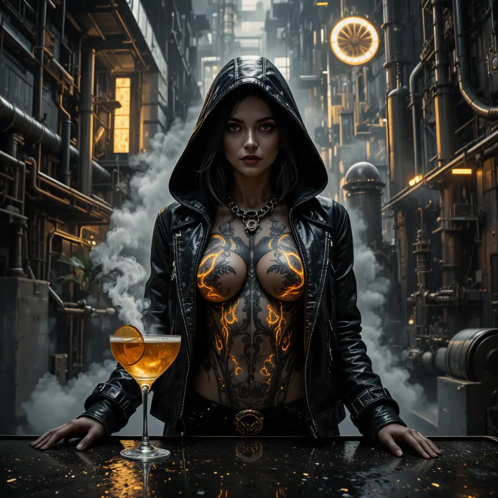Noir close up of a hooded woman in industrial rain