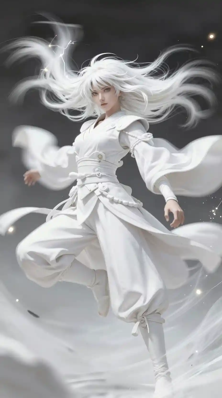 Guerriera anime bianca in movimento con energia elettrica