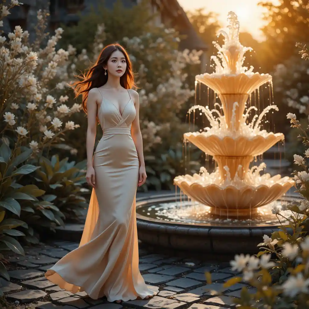 Donna coreana in abito sottoveste color champagne in un surreale giardino di vetro