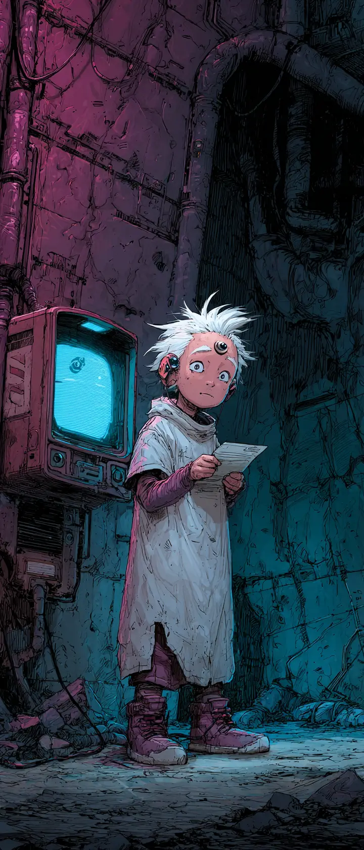 Exhausted anime mailman in a ruined neon lit city