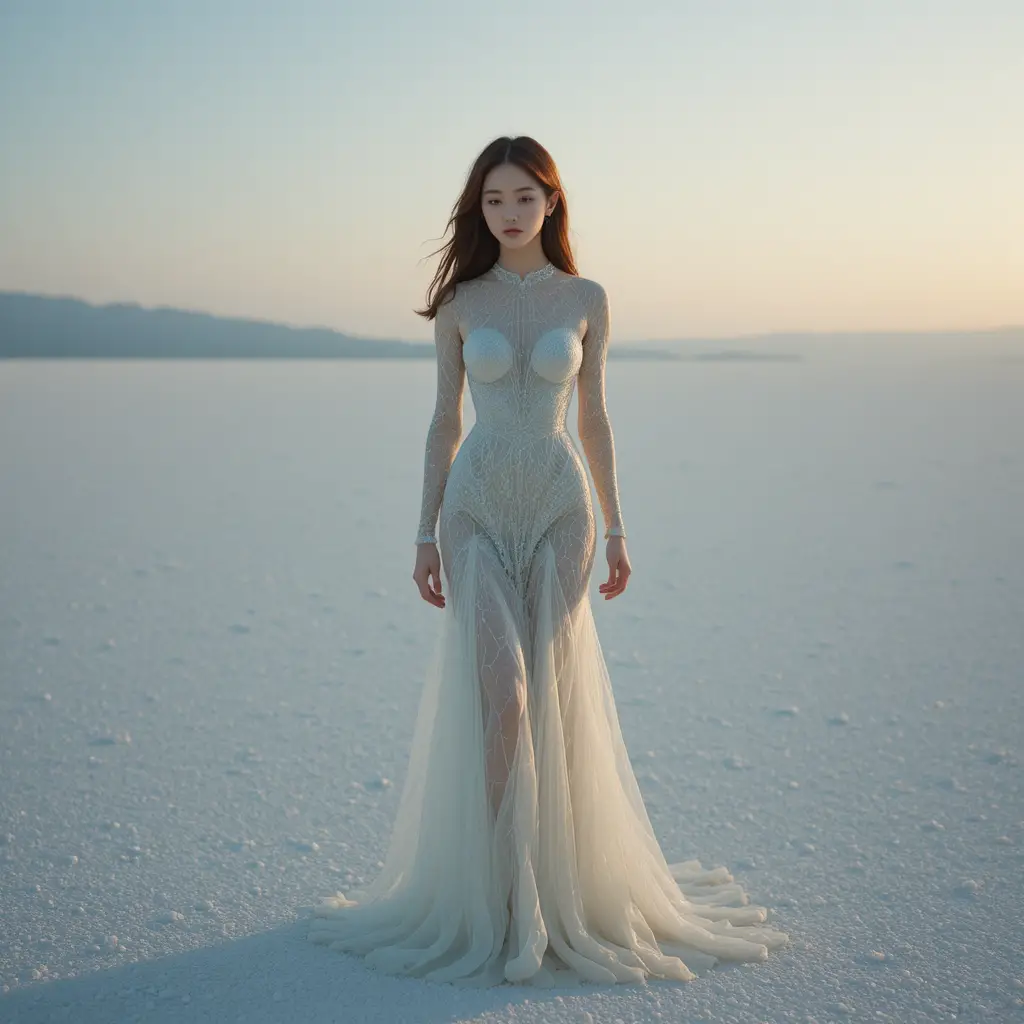 Melancholic Korean woman in glass gown on reflective shore