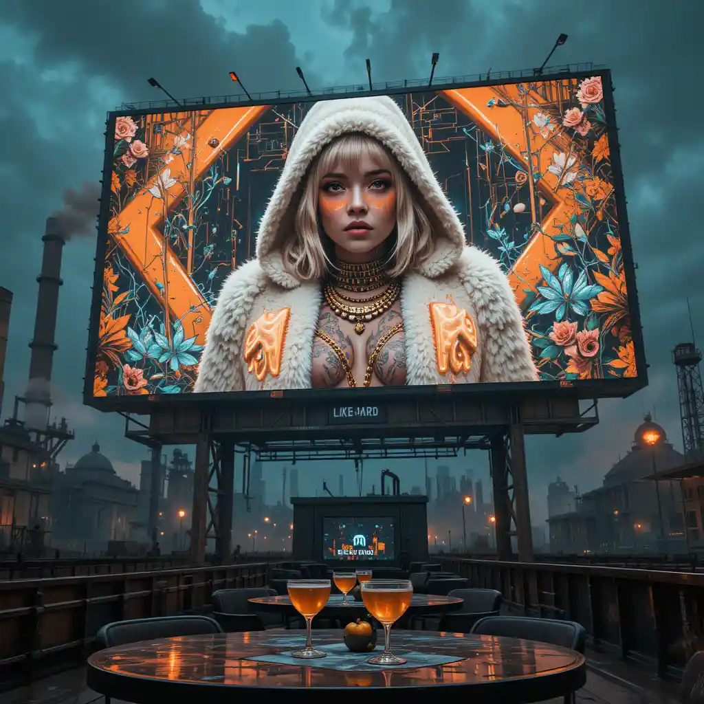 Mulher noir cyberpunk em um gigantesco painel futurista