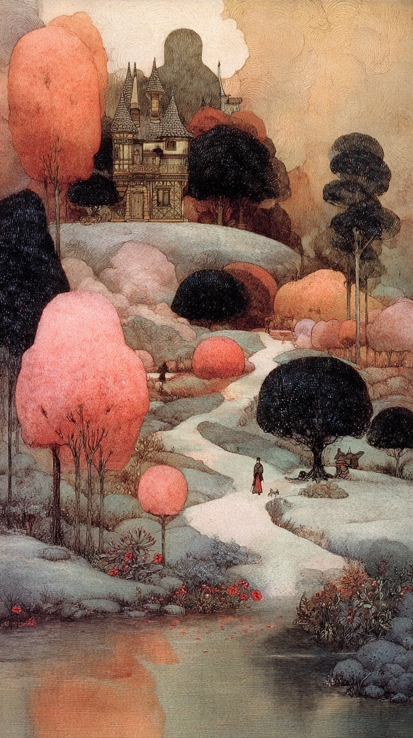 Melancholic figure within a dreamlike surreal landscape