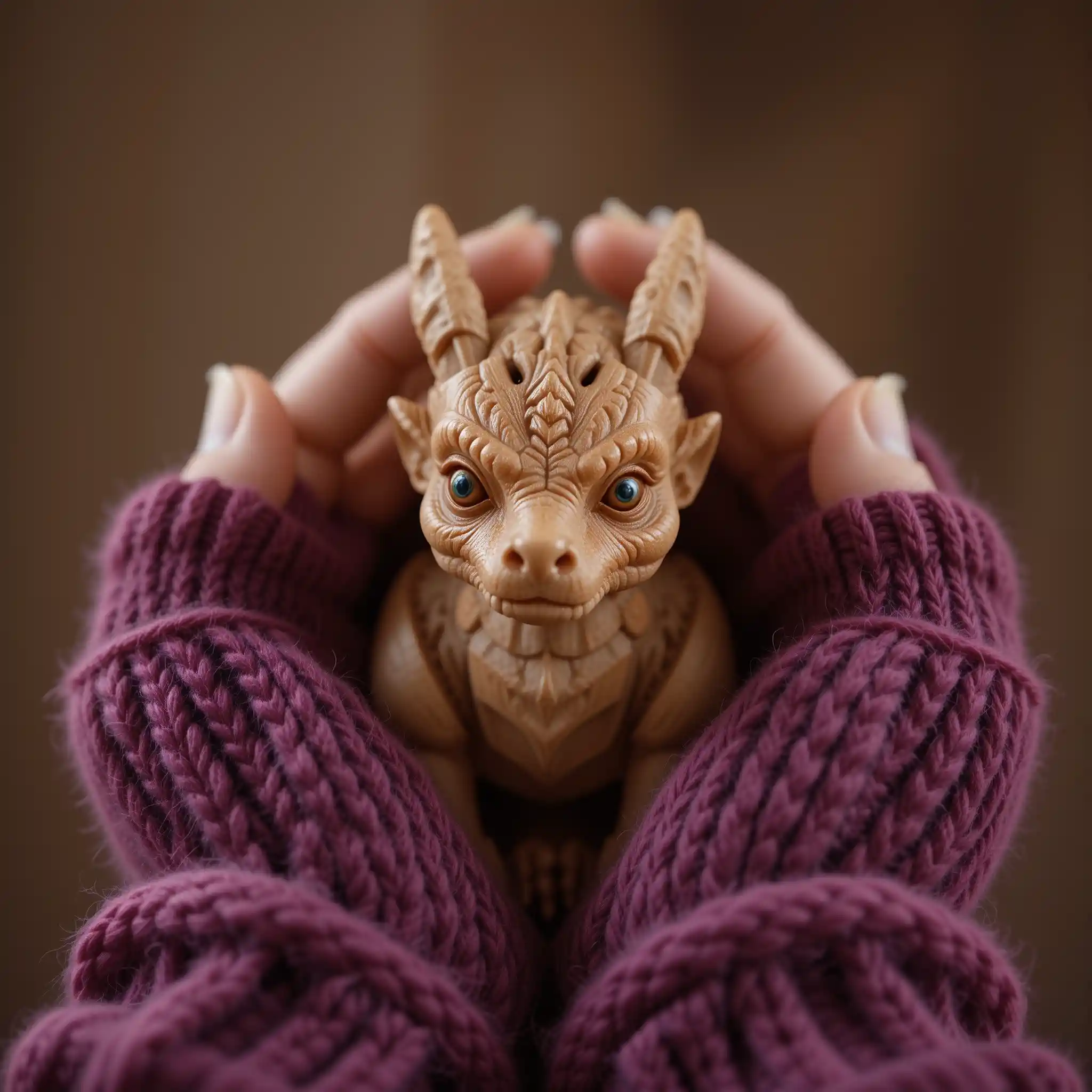 Wooden dragon figurine cradled in magenta knitted hands
