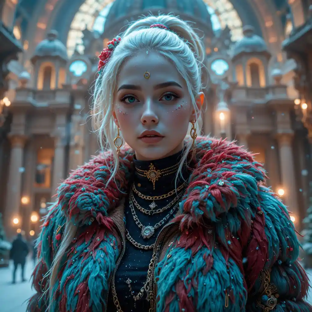 Femme cyberpunk devant une cathédrale de Noël futuriste