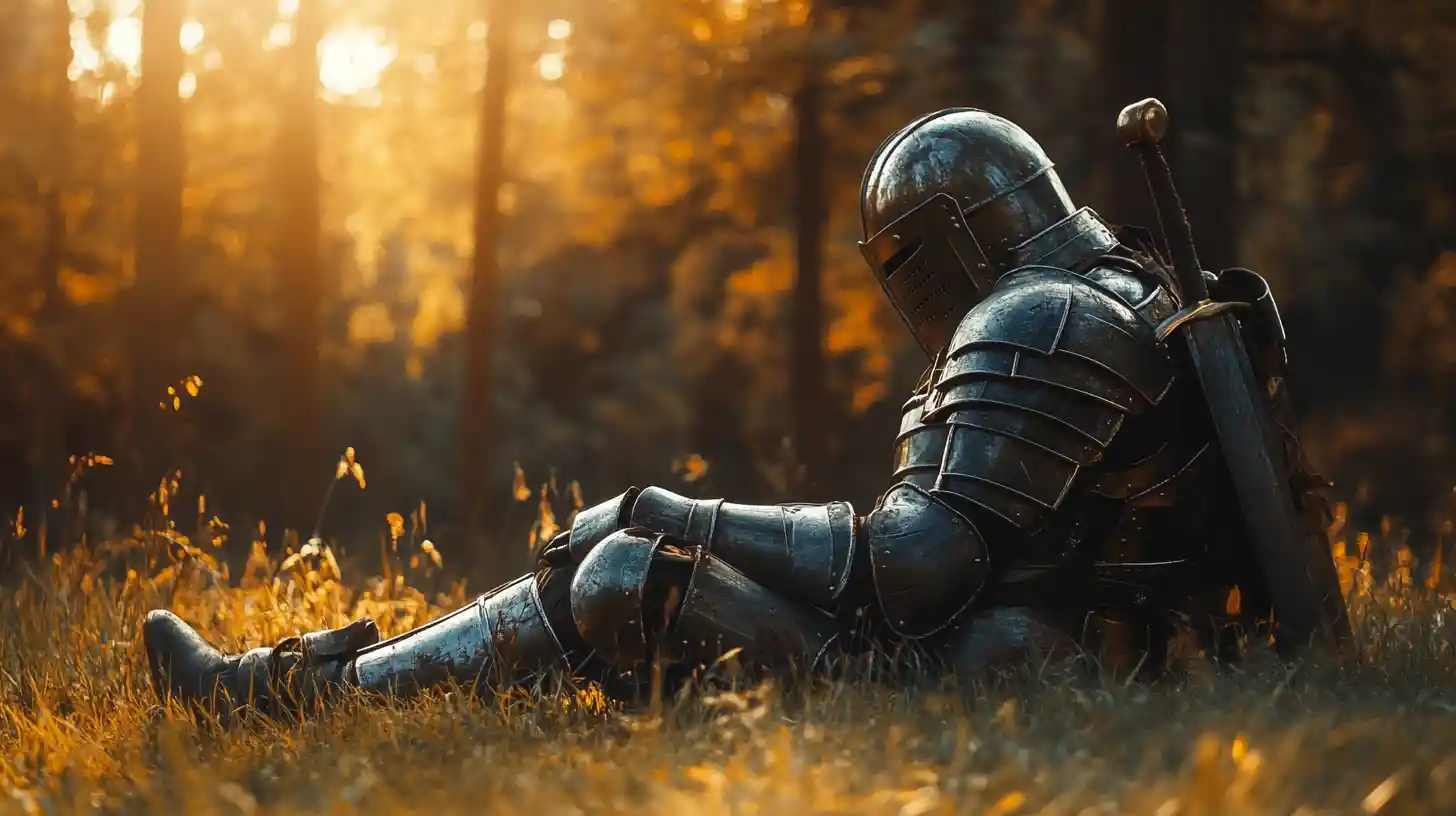 Heavy armor resting on grass beside a calm seated figure