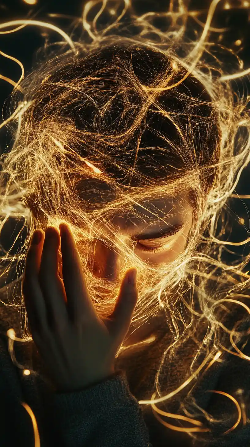 Silhouette surréaliste emmêlée dans des fils lumineux de pensées fulgurantes
