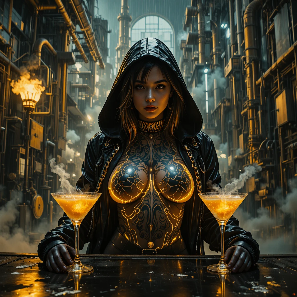 Ritratto noir di femme fatale incappucciata sotto la pioggia industriale
