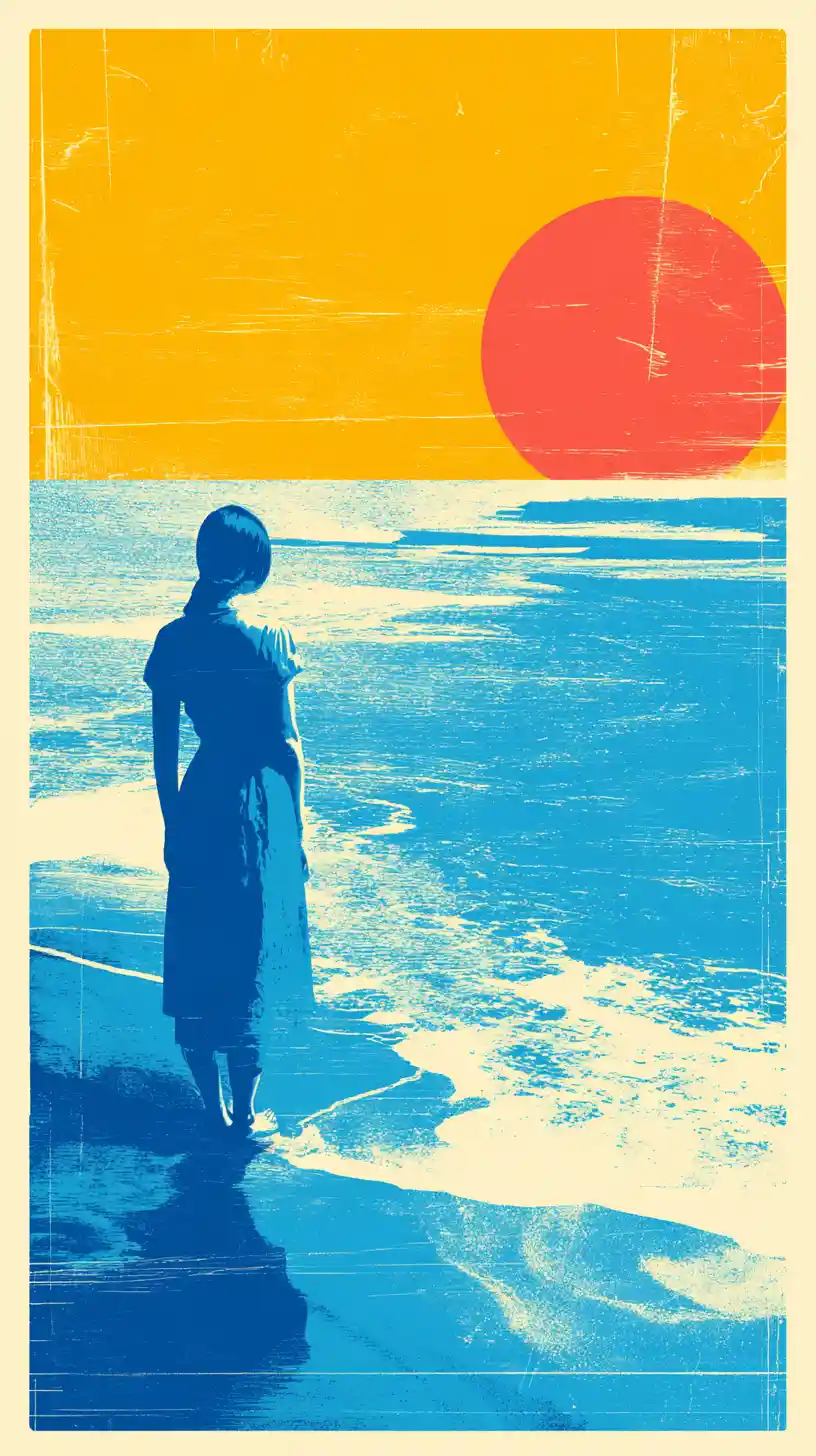 Woman standing by the sea in bold risograph style