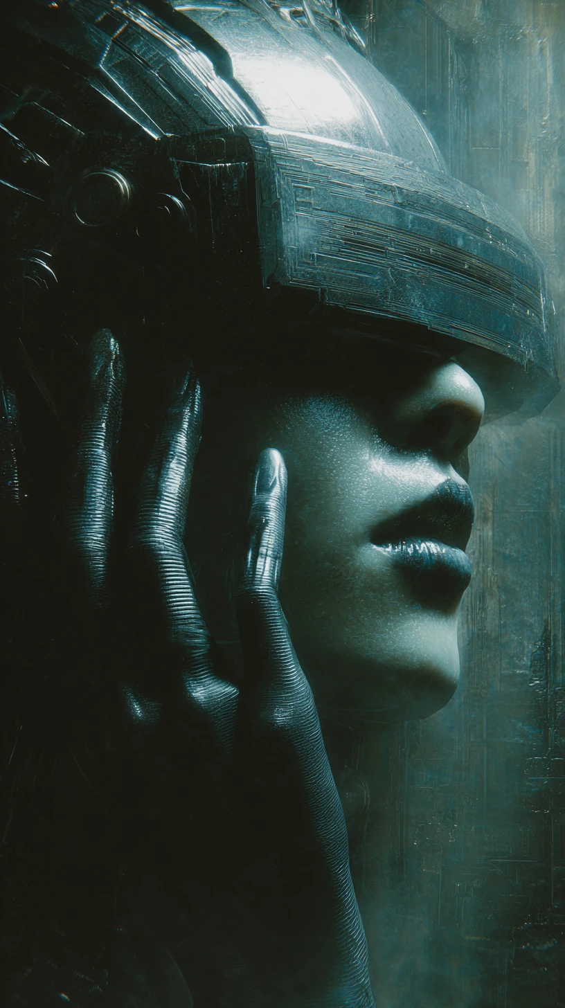 Cyberpunk-Frau in einer dunklen industriellen Zukunftsstadt