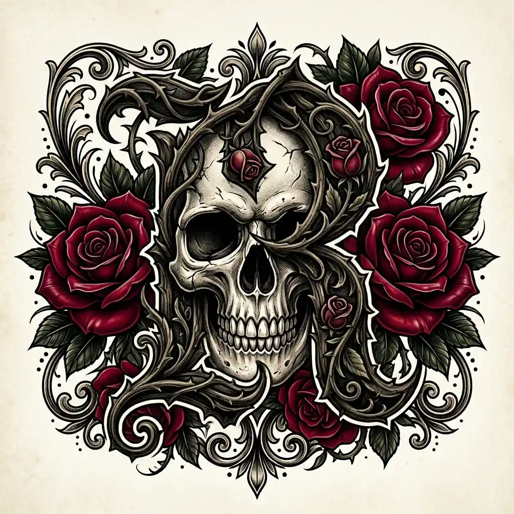 Gothic skull blackletter with red roses tattoo design