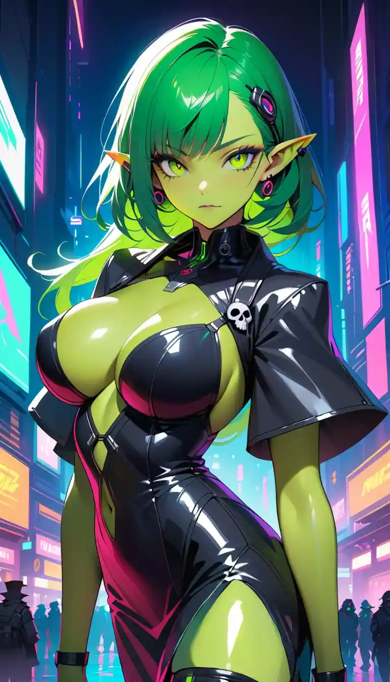 Green skinned woman with matching hands chest and thigh