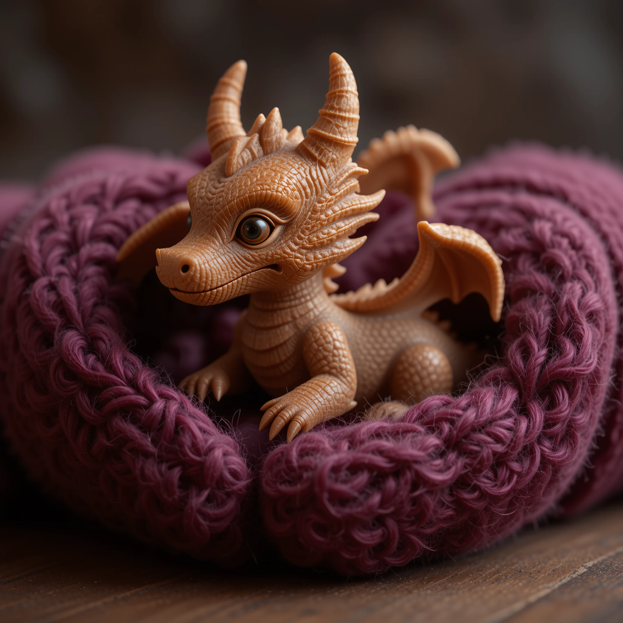 Wooden dragon figurine cradled in magenta knitted hands