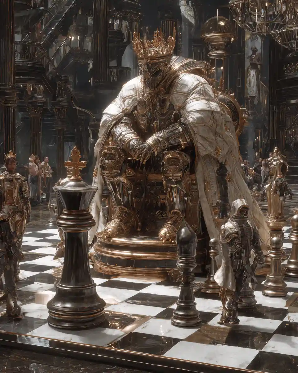 Anthropomorphic chess king on a living human chessboard