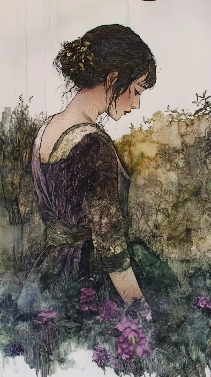 Woman in kimono kneeling in a sunlit flower meadow