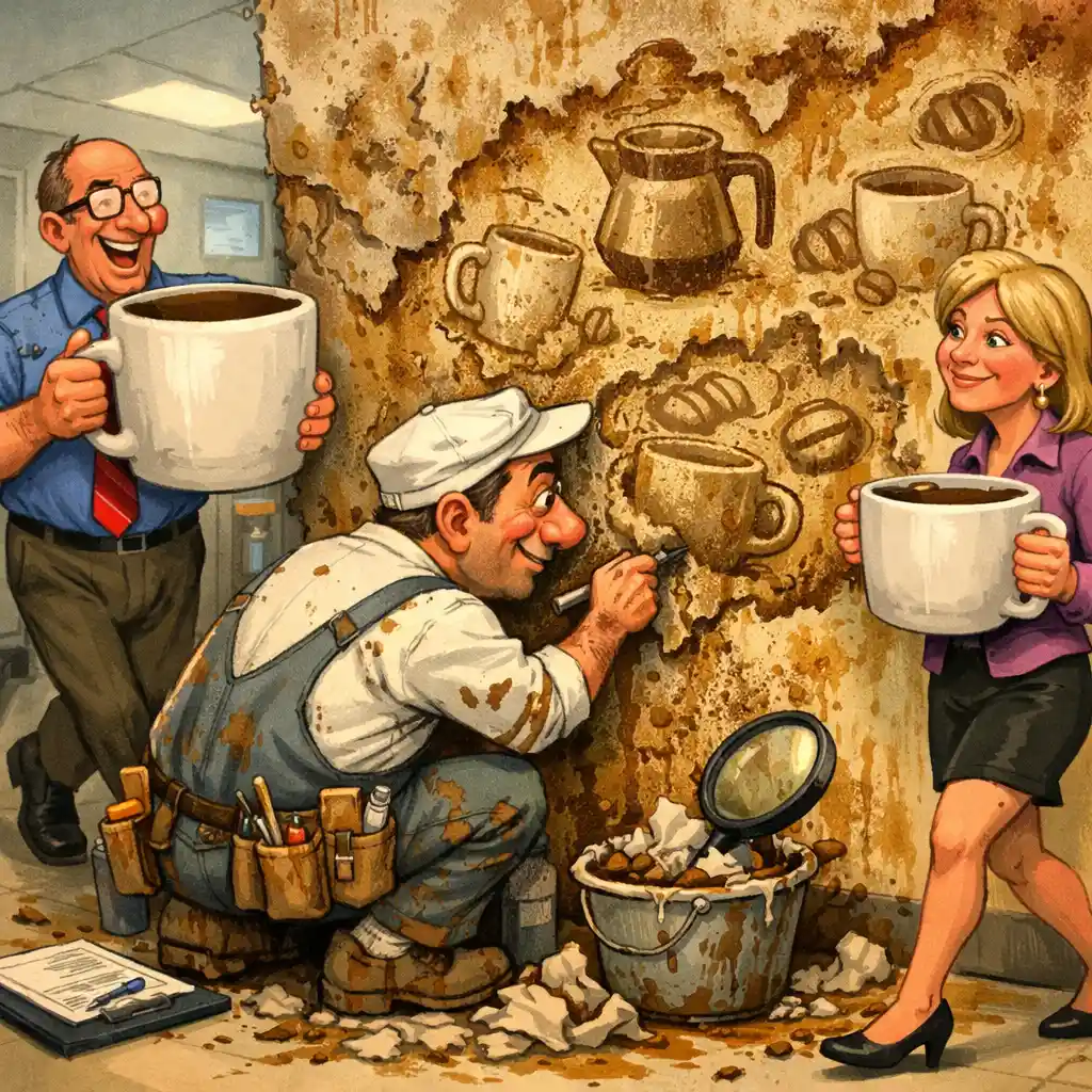 Büroangestellter kratzt Kaffeeflecken von der Pausenraumwand